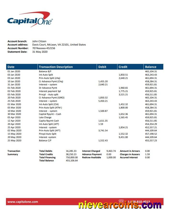 USA Capital One bank statement, Word and PDF format (.doc and .pdf)
